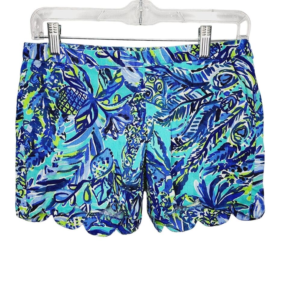 Lilly Pulitzer Women's Size 0 Blue Green Tropical Print Scalloped Hem Shorts